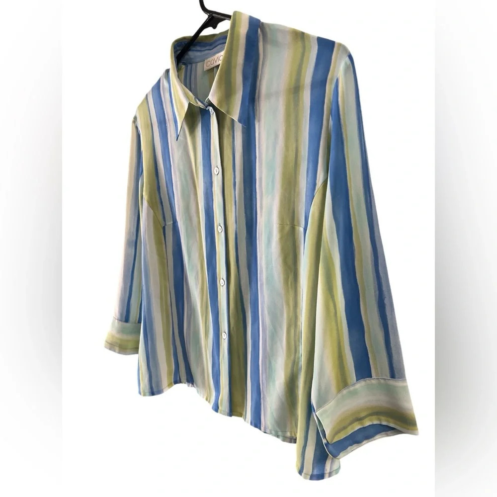 Blue and green striped button down blouse - Picture 3 of 4